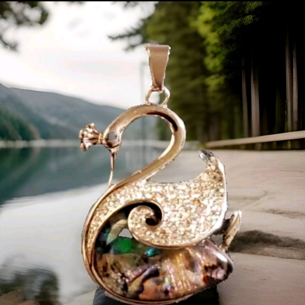 Abalone Shell Crystal Swan Queen Pendant Necklace in Polished Stainless Steel